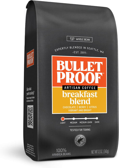 Breakfast Blend Whole Bean Coffee, Light Roast, 12 Oz, Bulletproof Luminate Keto 100% Arabica Coffee, Certified Clean Coffee, Rainforest Alliance, Sourced from Guatemala, Colombia & El Salvador