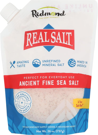Redmond Real Salt Fine Salt 26oz Refill - Utah Pure Natural Sea Salt Untreated Medium Grain Mineral Rich