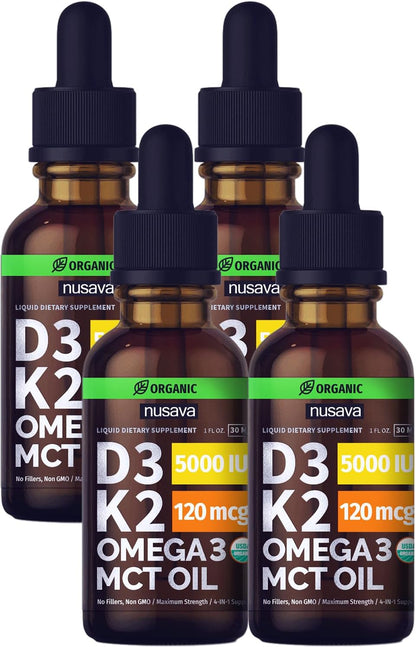 (1 Pack) Organic Vitamin D3 K2 Drops w MCT Oil Omega 3, 5000 IU, Vitamin D Liquid 5000 IU, No Fillers, Non-GMO Liquid D3 for Body’s Defenses & Faster Absorption, Unflavored, 2 Fl Oz Liquid Vitamin D3