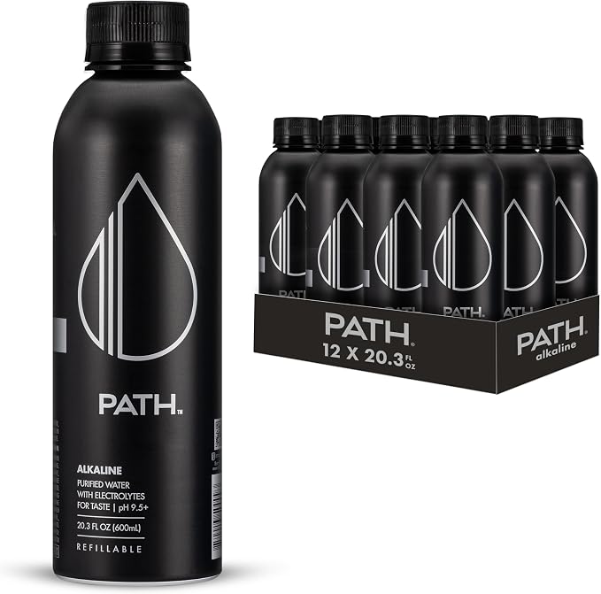 PATH Alkaline Bottled Water - 9.5 pH-Balanced Purified Water with Electrolytes in Aluminum Bottle - BPA-Free, Reusable, Infinitely Recyclable - Pure, Crisp, Refreshing Taste 20.3 fl oz (Pack of 12)
