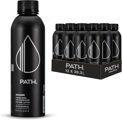 PATH Alkaline Bottled Water - 9.5 pH-Balanced Purified Water with Electrolytes in Aluminum Bottle - BPA-Free, Reusable, Infinitely Recyclable - Pure, Crisp, Refreshing Taste 20.3 fl oz (Pack of 12)