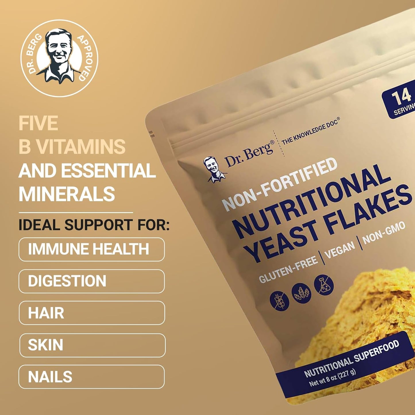 Dr. Berg's Premium Nutritional Yeast Flakes| Gluten Free & Non-GMO | Nutritional Yeast with B Vitamins | Keto & Vegan-Friendly Nutritional Yeast | 8oz
