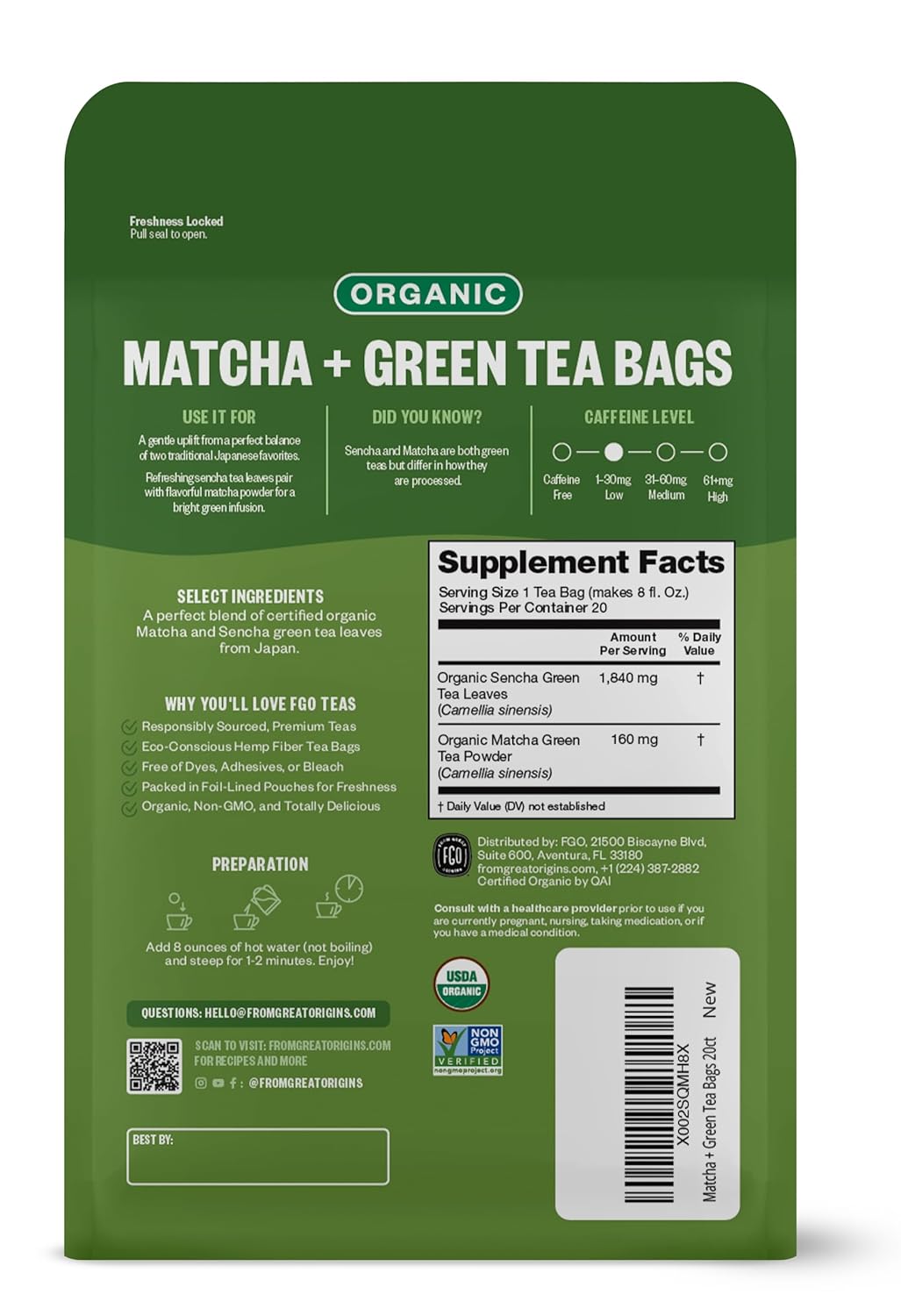 FGO Organic Nettle Leaf Tea, 100 Count, Eco-Conscious Tea Bags, Caffeine Free, Resealable Bag, Packaging May Vary (Pack of 1)