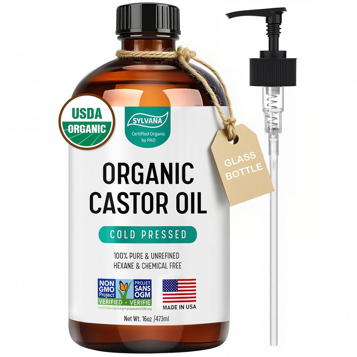SYLVANA Organic Castor Oil (16oz Glass Bottle), USDA Certified Organic, Cold Pressed, Vegan, Hexane Free - 100% Pure Castor Oil for Nourishing Skin, Hair Growth, Lashes & Eyebrows