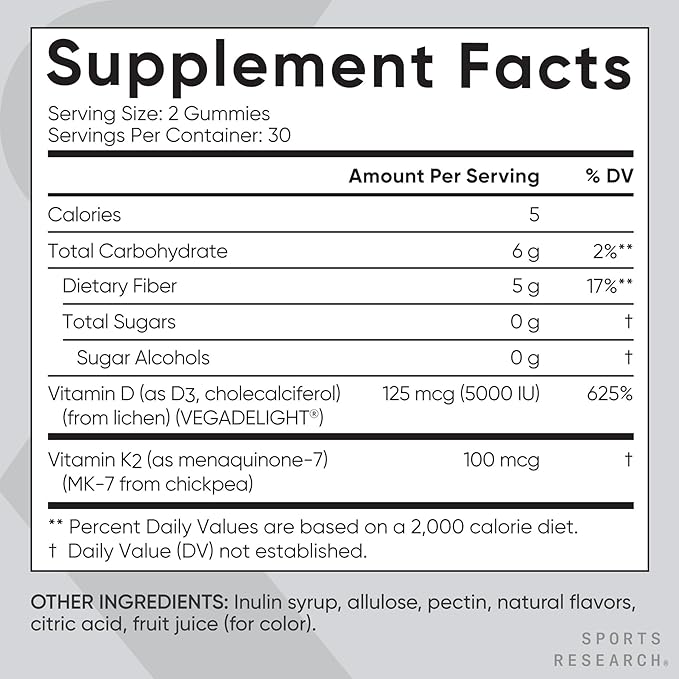 Sports Research Vegan Vitamin D3 + K2 Gummies – 5000 IU D3, MK-7 K2 [60ct]