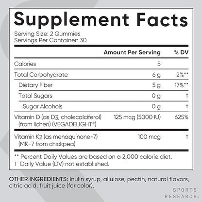 Sports Research Vegan Vitamin D3 + K2 Gummies – 5000 IU D3, MK-7 K2 [60ct]