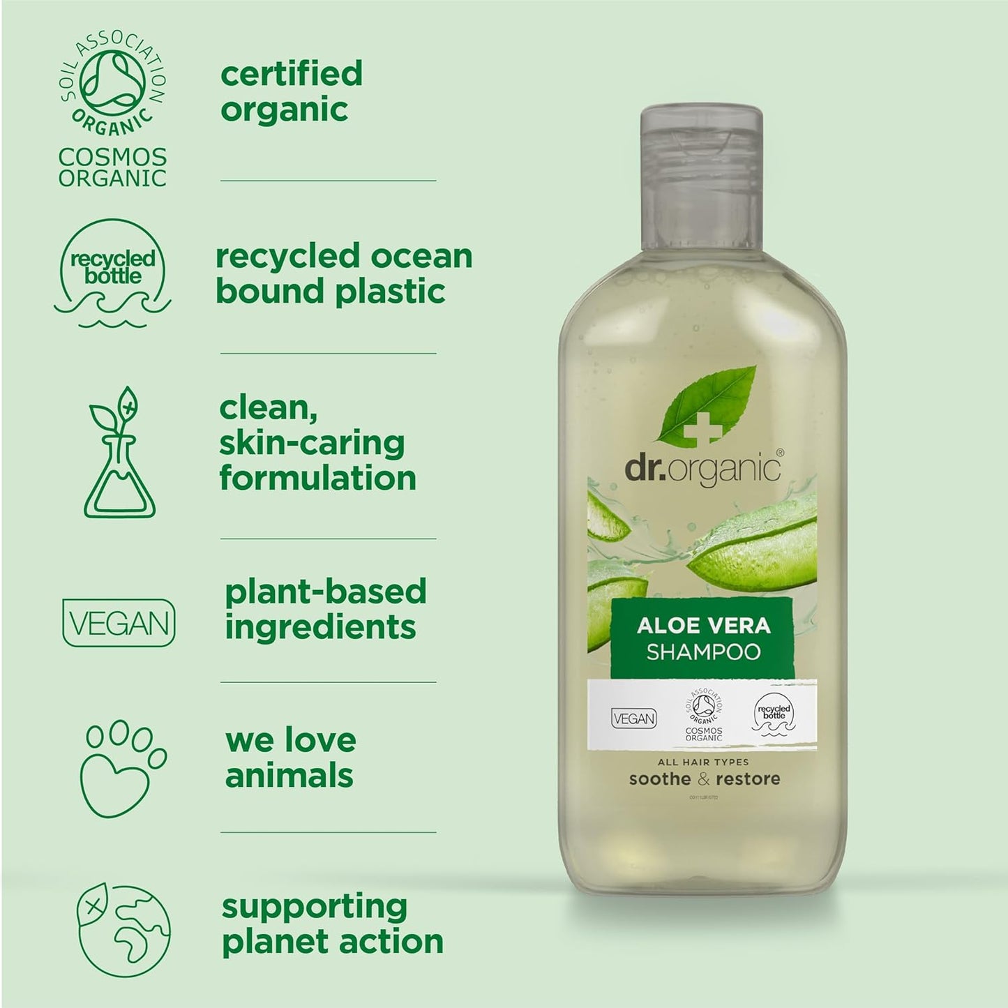 Dr Organic Aloe Vera Shampoo, Soothing, All Hair Types, Natural, Vegan, Cruelty-Free, Paraben & SLS-Free, Recyclable & Recycled Ocean Bound Plastic, Certified Organic, 265ml, Packaging may vary