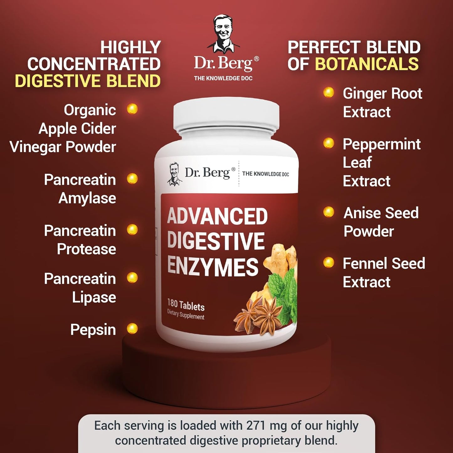 Dr. Berg Advanced Digestive Enzymes with Apple Cider Vinegar - Includes Digestive Health Ingredients Like Betaine Hydrochloride (HCI), Ginger Root & Peppermint Leaf - 180 Tablets