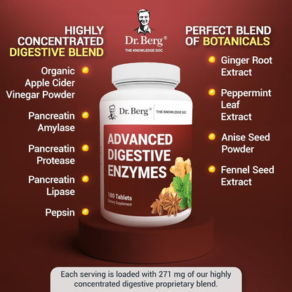 Dr. Berg Advanced Digestive Enzymes with Apple Cider Vinegar - Includes Digestive Health Ingredients Like Betaine Hydrochloride (HCI), Ginger Root & Peppermint Leaf - 180 Tablets