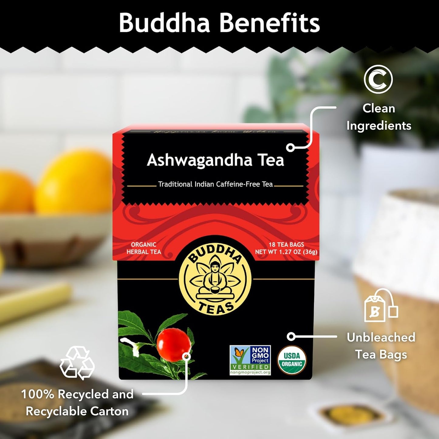 Buddha Teas - Chaga Tea - Organic Herbal Tea - For Cognitive Balance & Overall Health - With Chaga Mushroom, Antioxidants & B Vitamins - Caffeine Free - OU Kosher - 18 Tea Bags (Pack of 1)