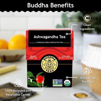 Buddha Teas - Chaga Tea - Organic Herbal Tea - For Cognitive Balance & Overall Health - With Chaga Mushroom, Antioxidants & B Vitamins - Caffeine Free - OU Kosher - 18 Tea Bags (Pack of 1)