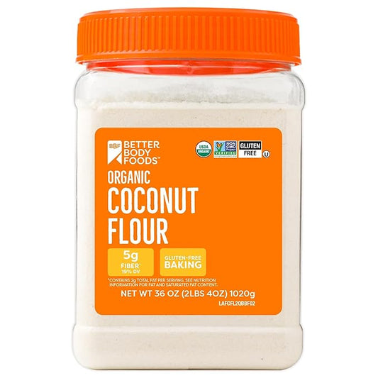 BetterBody Foods Organic Coconut Flour 2.25 Pound Jar, Gluten-Free White Flour Alternative with a Slight Coconut Taste and Aroma, 23% Dietary Fiber per Serving