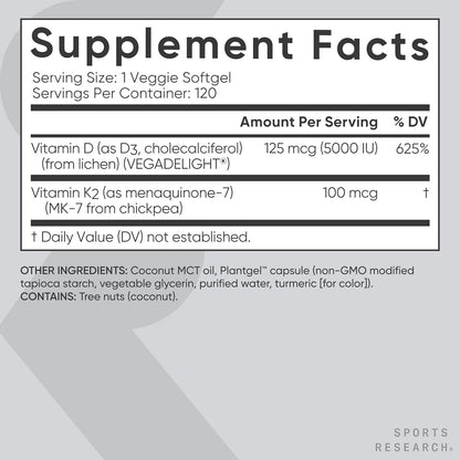 Sports Research Vitamin D3 with K2 Softgels - Plant Based K2 & Vegan D3 5000iu with Coconut MCT Oil - Vegan Certified, Soy & Gluten Free - 120 Count