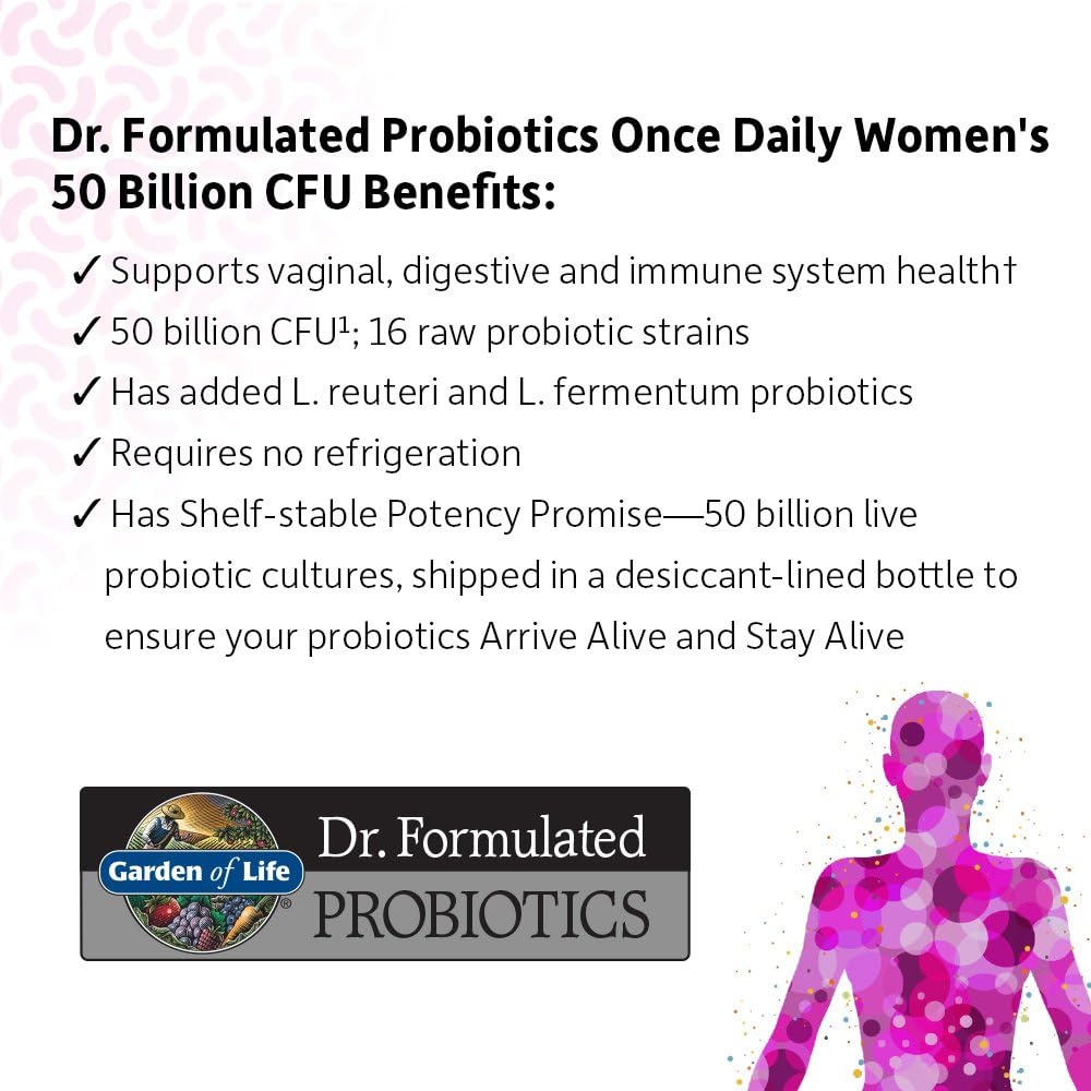 Garden of Life Once Daily Dr. Formulated Probiotics for Women 50 Billion CFU 16 Probiotic Strains with Organic Prebiotics for Digestive, Vaginal & Immune Health, Dairy Free, Shelf Stable 30 Capsules