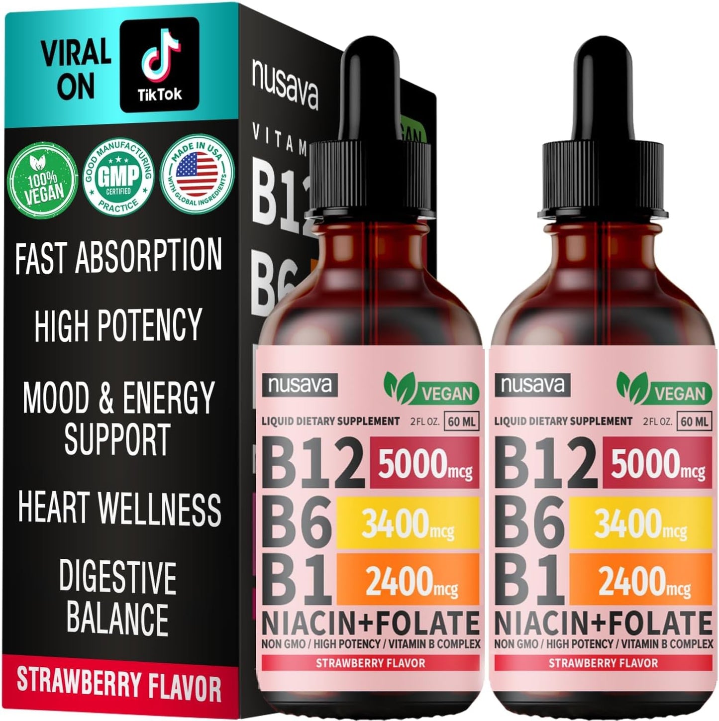 Vitamin B12 and B6 Liquid Drops, B12 Sublingual Vitamin B Complex - B 12 Vitamin 5000mcg - B12 Methylcobalamin for Energy, Brain, and Heart Support with 27,200 mcg, Raspberry, 40 Servings