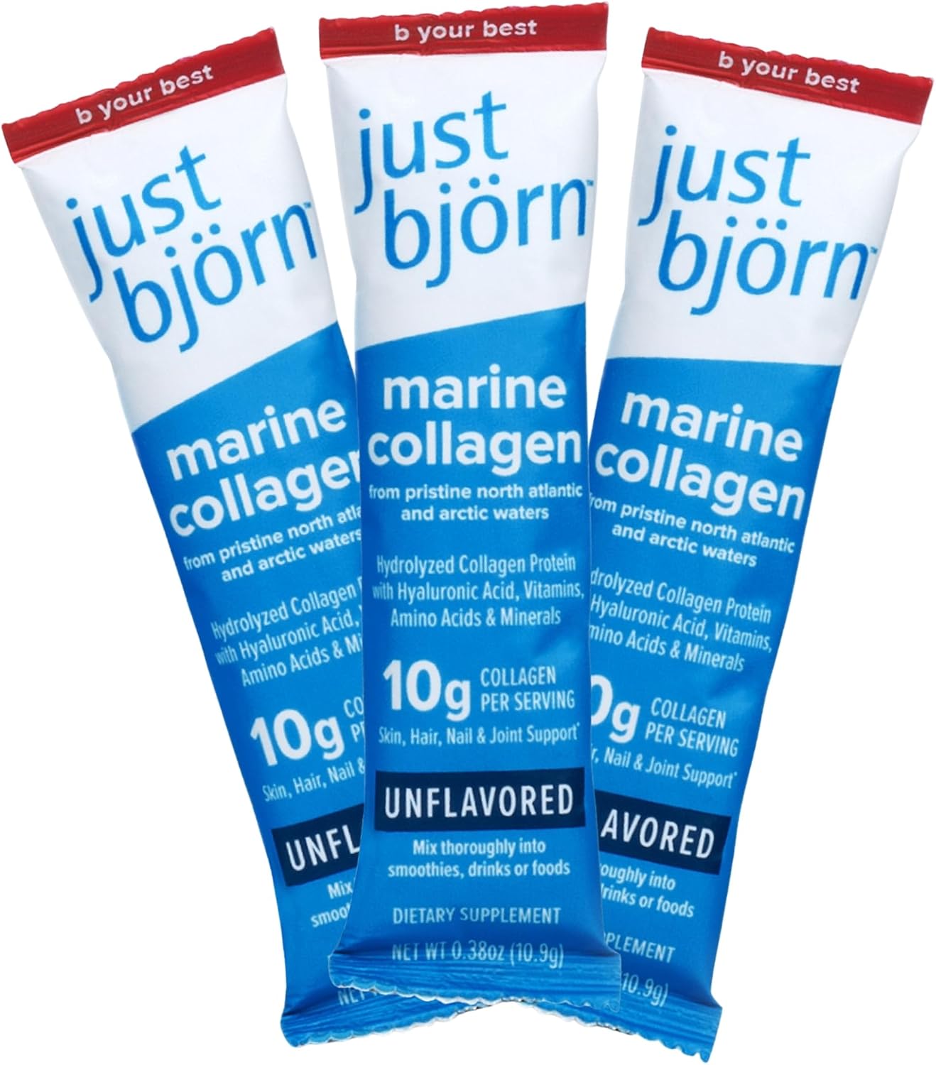 Just Bjorn Marine Collagen Peptides Powder On-The-Go Stick Packs - Collagen Powder for Women & Men - Skin, Hair, Nail & Joint Support - Hyaluronic Acid, Vitamin C, Amino Acids - Unflavored (10 Pack)