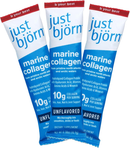 Just Bjorn Marine Collagen Peptides Powder On-The-Go Stick Packs - Collagen Powder for Women & Men - Skin, Hair, Nail & Joint Support - Hyaluronic Acid, Vitamin C, Amino Acids - Unflavored (10 Pack)