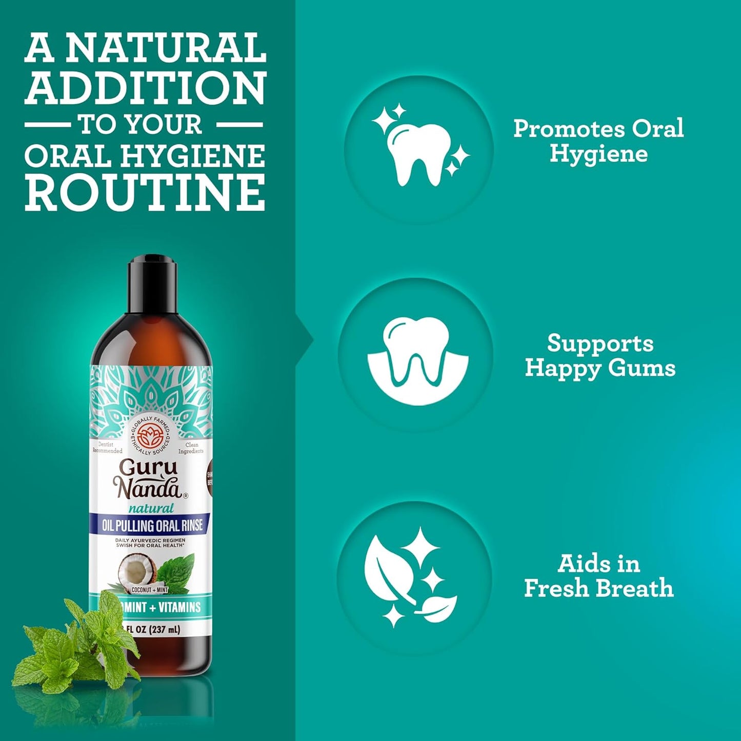 GuruNanda CocoMint Oil Pulling Mouthwash for Complete Oral Hygiene, 7 Essential Oils & Vitamins for Happy Teeth & Gums & Fresh Breath, Alcohol-Free, 16 oz