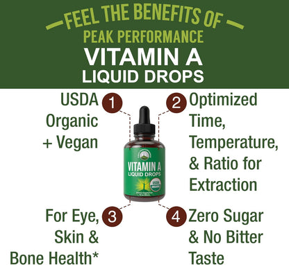 USDA Organic Vitamin A Liquid Drops Supplement - Vegan High Bioavailability for Eye, Skin + Bone Health - for Adults, Men, Women, Kids - Vit A Oil Retinyl Palmitate - Gluten Free, Zero Sugar 1 fl oz