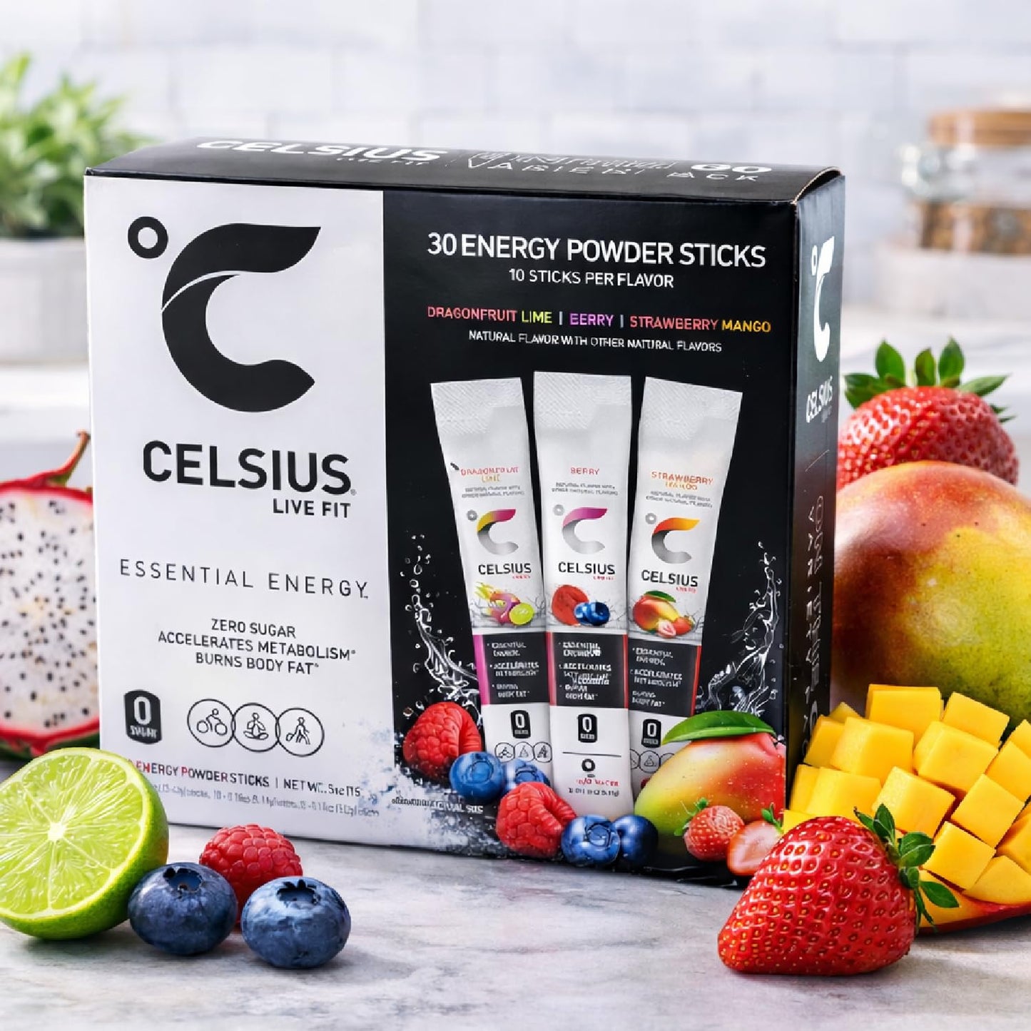 Celsius Essential Energy Zero Sugar Powdered Drink Mix, Variety Pack, 60 Packets - (2) 30-ct Boxes, Dragonfruit Lime, Berry, Strawberry Mango, with Galley Grove Sugar-Free Breath Mints