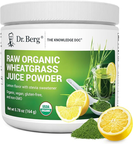 Dr. Berg USDA Certified Organic Green Powder Superfood (60 Servings) - Made with Raw Wheatgrass Powder, Chlorophyll, Trace Minerals & Natural Enzymes - Non-GMO Green Superfood Powder - Lemon Flavor