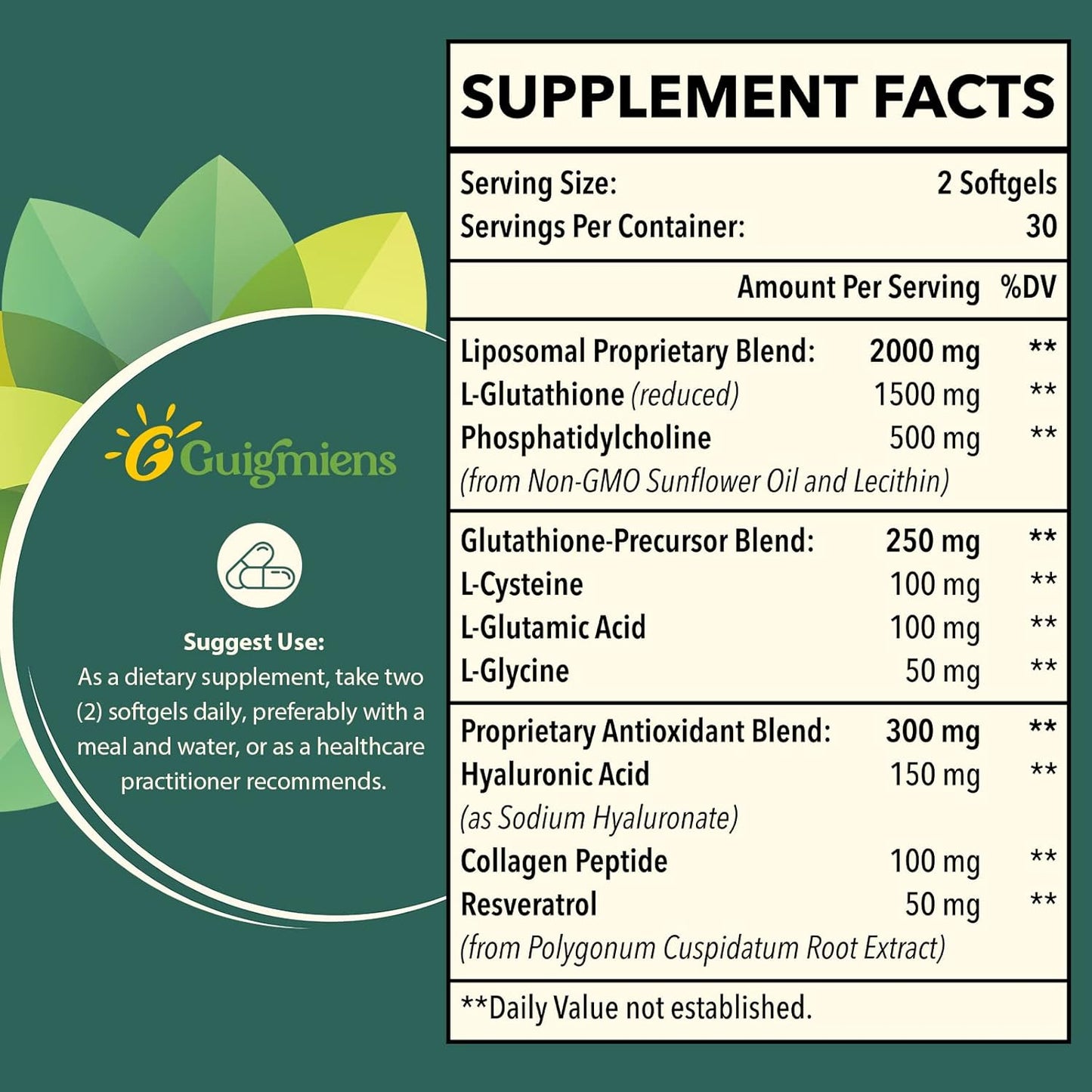 Liposomal Glutathione 2000 MG, 10x Better Absorption, Glutathione Supplement with Hyaluronic Acid + Collagen Peptide + Resveratrol, Powerful Antioxidant, Health Aging, Immune Health, 120 Count