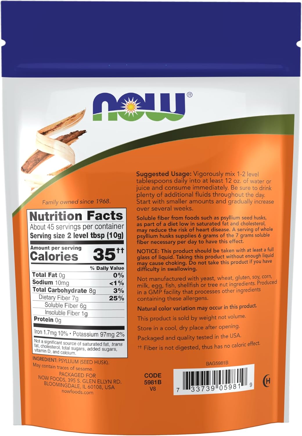 NOW Foods Supplements, Whole Psyllium Husks, Non-GMO Project Verified, Soluble Fiber, 24-Ounce