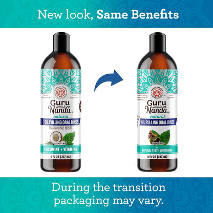 GuruNanda CocoMint Oil Pulling Mouthwash for Complete Oral Hygiene, 7 Essential Oils & Vitamins for Happy Teeth & Gums & Fresh Breath, Alcohol-Free, 16 oz