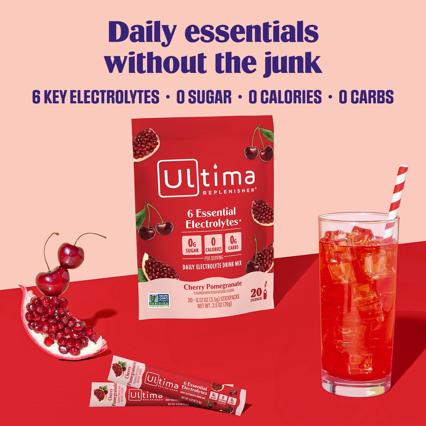 Ultima Replenisher Cherry Pomegranate Electrolyte Packets, 20 Stickpacks | Daily Zero Sugar Powder Hydration Packets with 6 Key Electrolytes & Minerals - Sugar Free, Plant Based & Keto Friendly