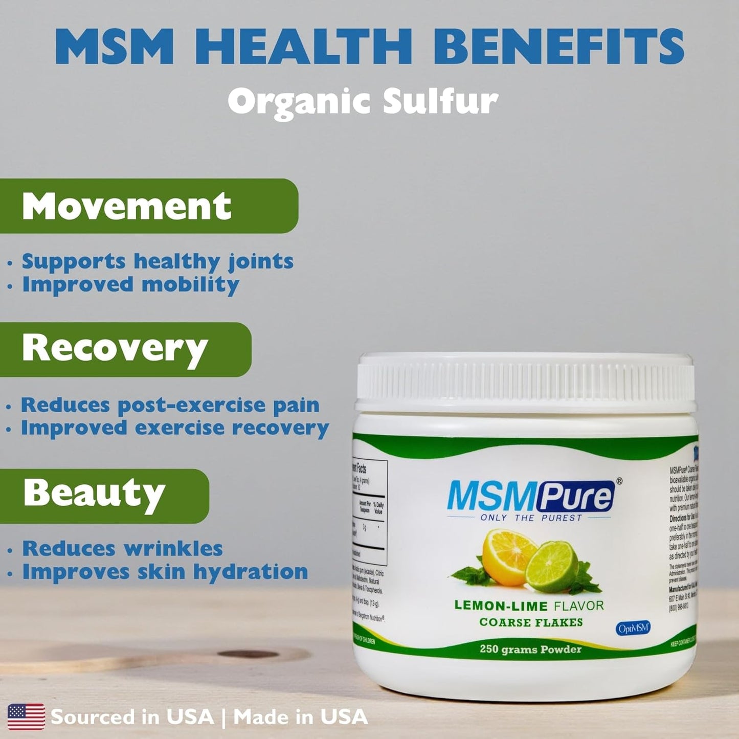 KALA HEALTH MSMPure Lemon Lime Flavored Coarse MSM Powder Flakes – Organic Sulfur for Joint Flexibility, Skin Appearance, and Hair & Nail Support – 8.8 oz, USA Made, Distilled Crystals
