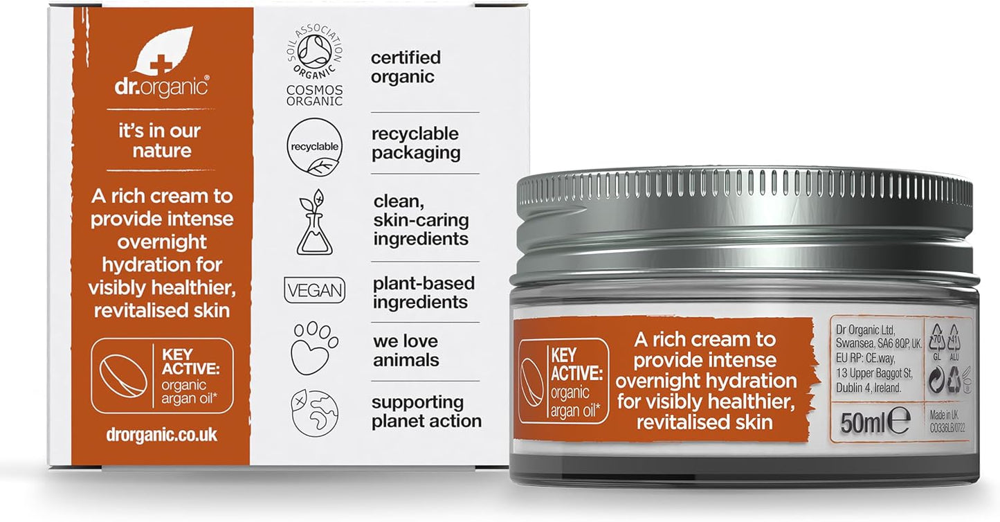 Dr Organic Moroccan Argan Oil Night Cream, Moisturising, Natural, Vegan, Cruelty Free, Paraben & SLS Free, Plastic Free, Recycled & Recyclable, Certified Organic, 50 ml