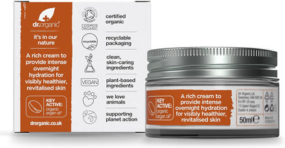 Dr Organic Moroccan Argan Oil Night Cream, Moisturising, Natural, Vegan, Cruelty Free, Paraben & SLS Free, Plastic Free, Recycled & Recyclable, Certified Organic, 50 ml