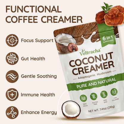 Veltracha Mushroom Coconut Coffee Creamer, Coffee Mate Creamer Powder with Pure Coconut Extract and 6 Adaptogenic Mushroom, Superfood Creamer Vegan & Unsweetened, 7.41oz (30 Servings), Mocha