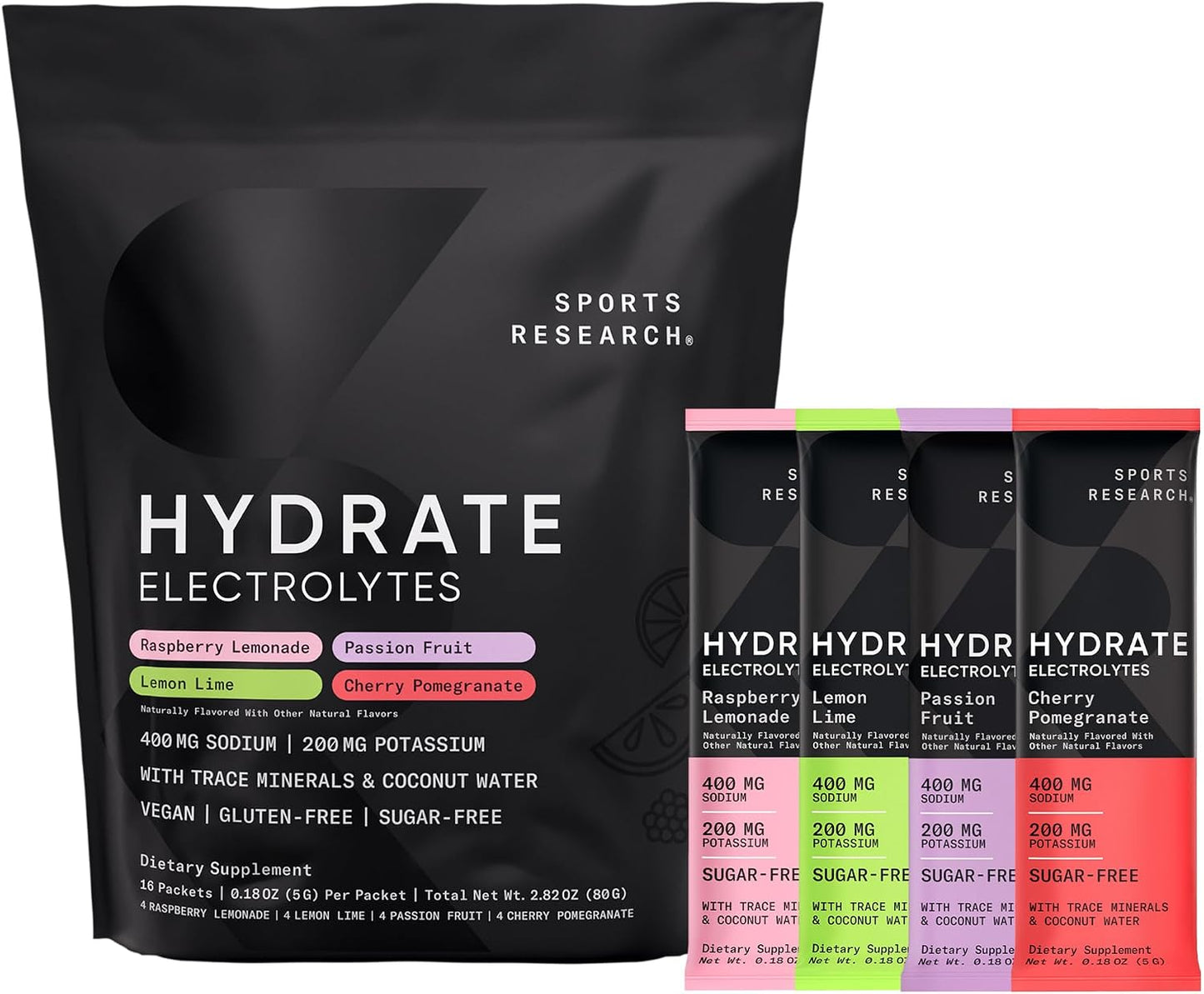 Sports Research® Hydrate Electrolytes Powder Packets - Sugar-Free & Naturally Flavored with Vitamins, Minerals, and Coconut Water - Supports Hydration - 16 Packets - Variety Pack | Sugar-Free