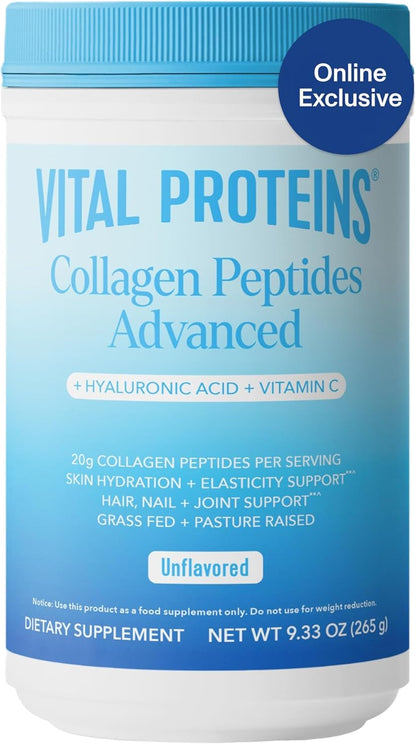 Vital Proteins Collagen Peptides Powder Advanced with Hyaluronic Acid & Vitamin C - 20oz Collagen Protein, Unflavored, 27 Servings
