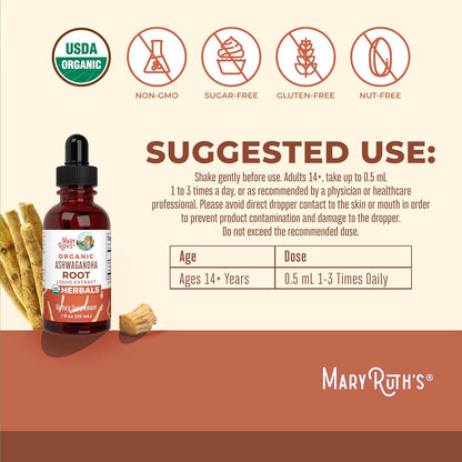 USDA Organic Ashwagandha Root Liquid Drops by MaryRuth's | Adaptogenic, Nervine, Neuroprotective | May Help Alleviate Stress & Regulate Homeostasis | Non-GMO, Vegan, 1oz