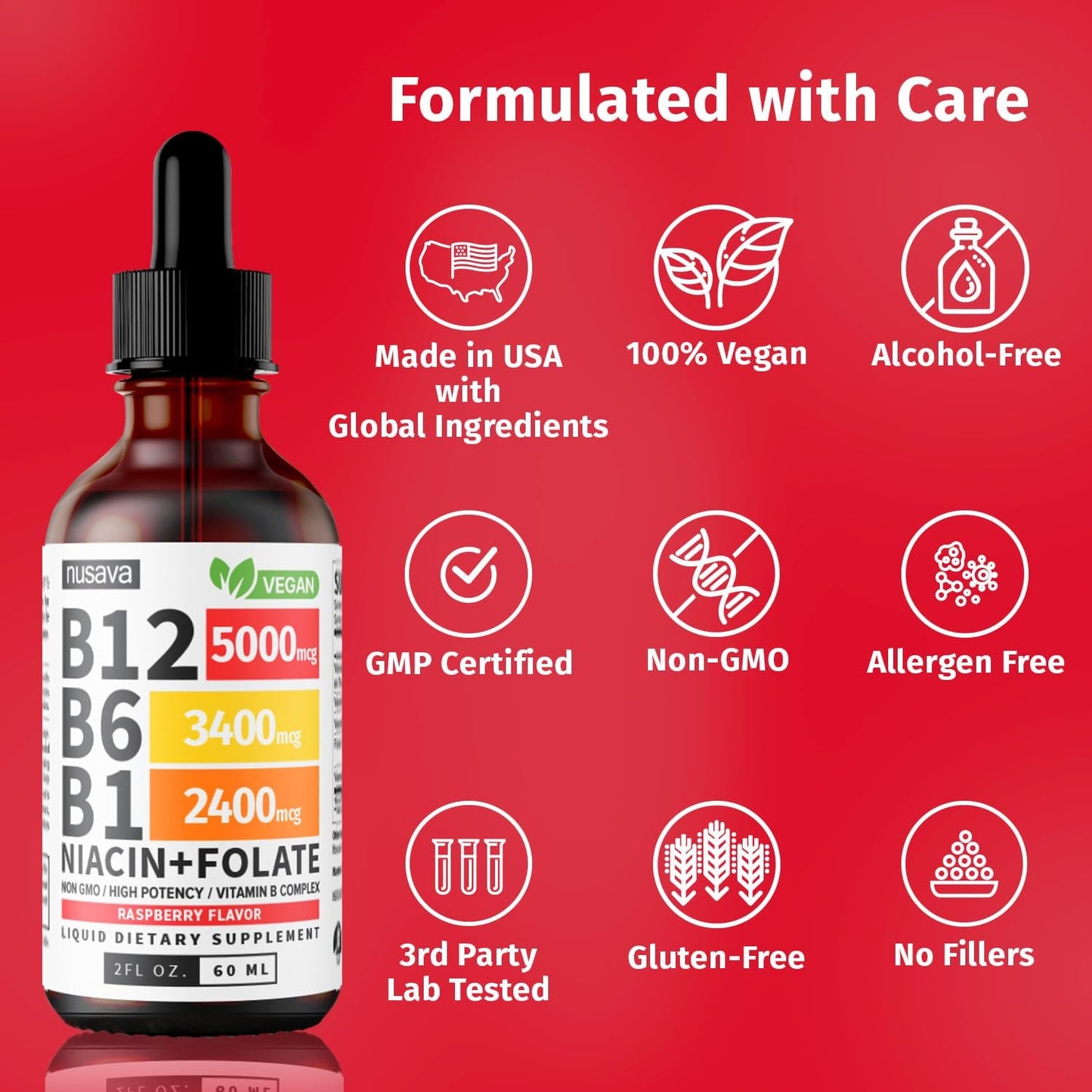 Vitamin B12 and B6 Liquid Drops, B12 Sublingual Vitamin B Complex - B 12 Vitamin 5000mcg - B12 Methylcobalamin for Energy, Brain, and Heart Support with 27,200 mcg, Raspberry, 40 Servings