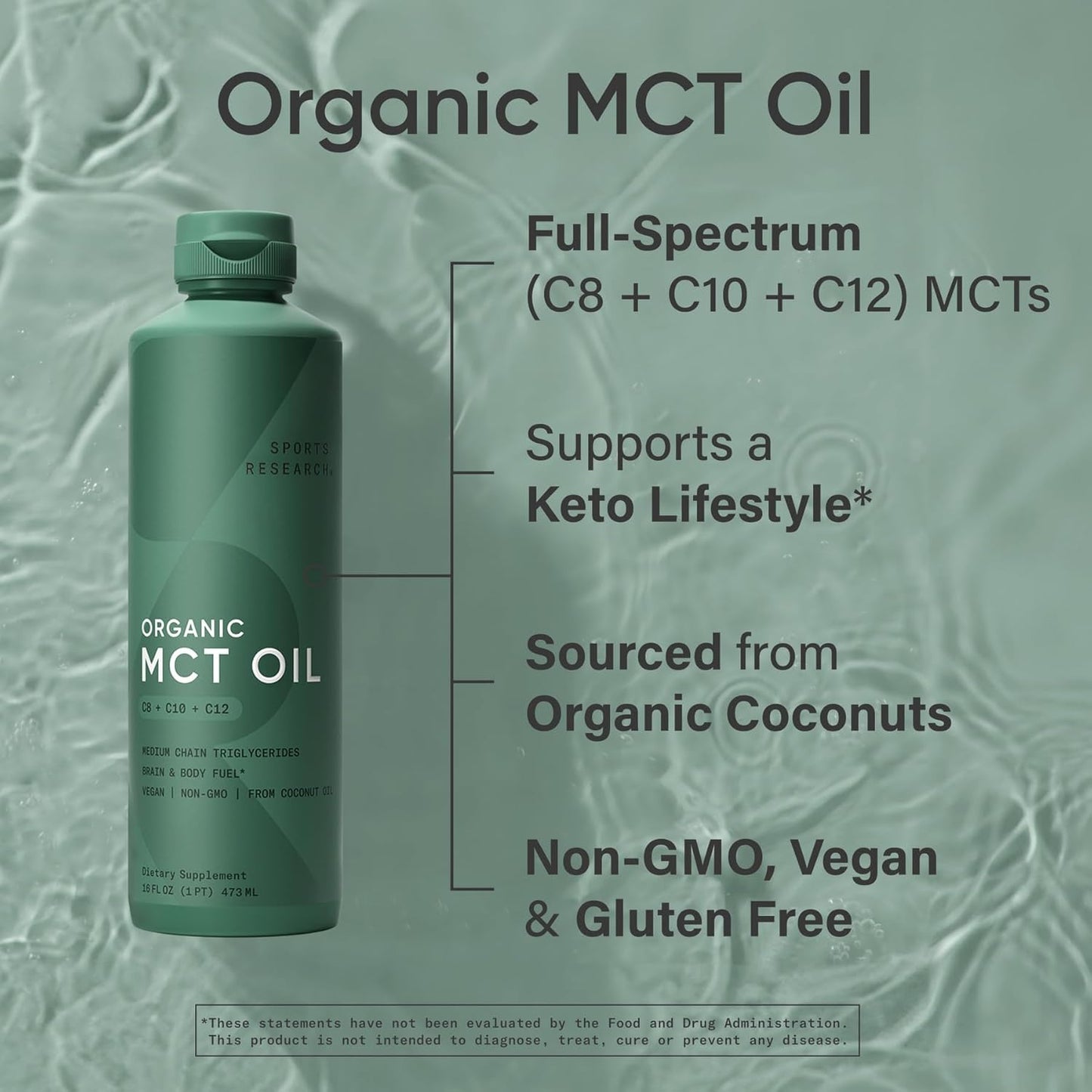 Sports Research Keto MCT Oil from Organic Coconuts - Fatty Acid Fuel for Body + Brain - Single Ingredient C8 Caprylic Acid - Perfect in Coffee, Tea, & More - Non-GMO & Vegan - Unflavored (16 Oz)