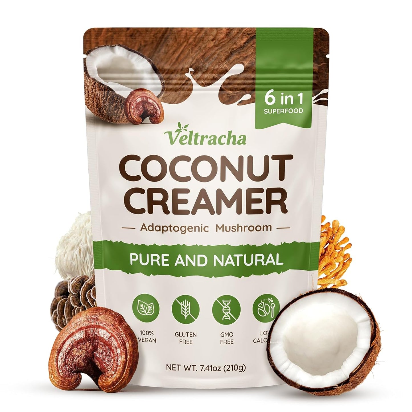 Veltracha Mushroom Coconut Coffee Creamer, Coffee Mate Creamer Powder with Pure Coconut Extract and 6 Adaptogenic Mushroom, Superfood Creamer Vegan & Unsweetened, 7.41oz (30 Servings), Mocha