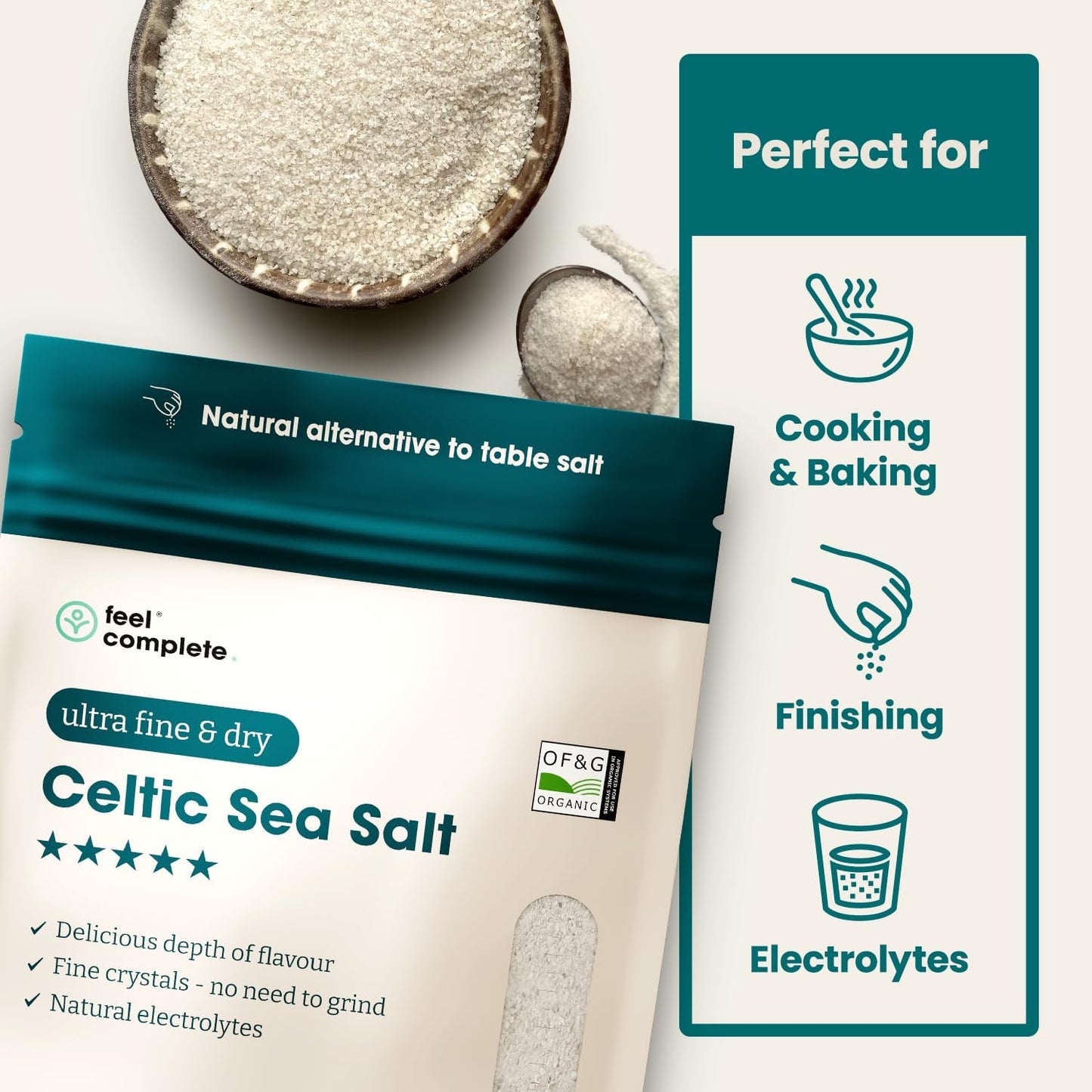 Feel Complete | 800g Ultra Fine & Dry Celtic Sea Salt Powder | No Need To Grind | Organic Approved | Essential Minerals & Electrolytes | Natural Alternative to Table Salt | Lab Tested