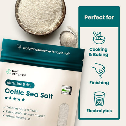 Feel Complete | 800g Ultra Fine & Dry Celtic Sea Salt Powder | No Need To Grind | Organic Approved | Essential Minerals & Electrolytes | Natural Alternative to Table Salt | Lab Tested
