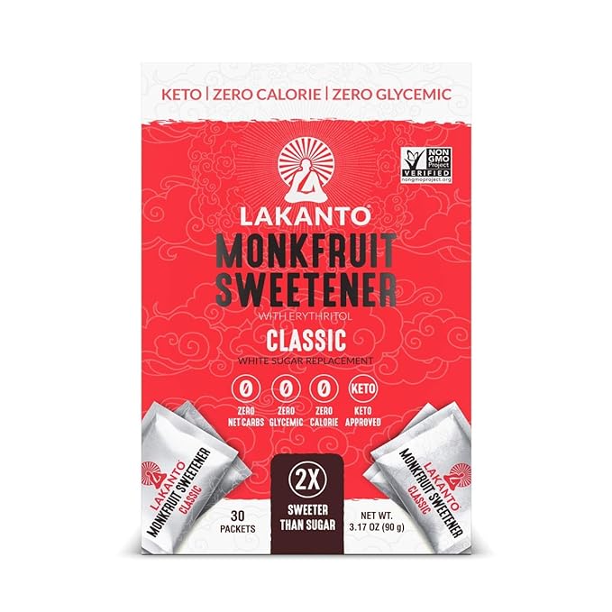 Lakanto Classic Monk Fruit Sweetener with Erythritol Packets - White Sugar Replacement, Zero Net Carbs, Zero Calorie, Sweeten on the Go, Coffee, Lemonade, Tea, Desserts - Classic (30 Count)