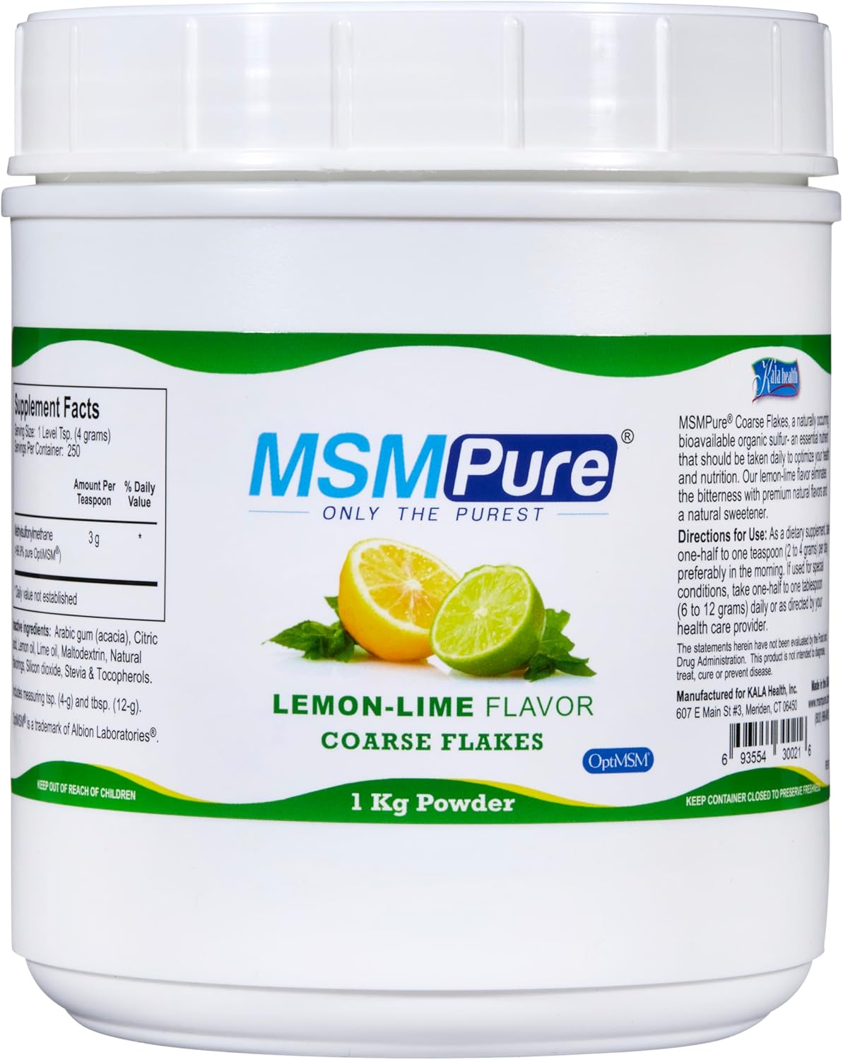 KALA HEALTH MSMPure Lemon Lime Flavored Coarse MSM Powder Flakes – Organic Sulfur for Joint Flexibility, Skin Appearance, and Hair & Nail Support – 8.8 oz, USA Made, Distilled Crystals