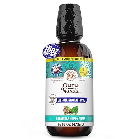 GuruNanda CocoMint Oil Pulling Mouthwash for Complete Oral Hygiene, 7 Essential Oils & Vitamins for Happy Teeth & Gums & Fresh Breath, Alcohol-Free, 16 oz