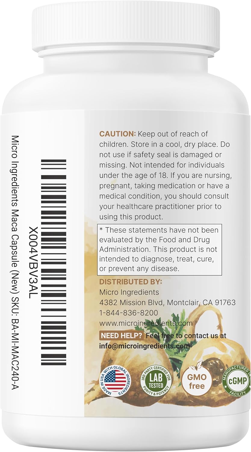 Micro Ingredients Maca Root for Women and Men, 240 Veggie Capsules | Red, Yellow, & Black Maca | with Ashwagandha, Panax Ginseng, Tongkat Ali, & Black Pepper Extract | Non-GMO, Vegan
