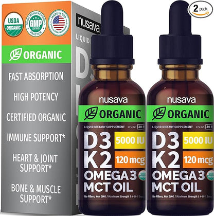 Nusava Organic Vitamin D3 K2 Drops w MCT Oil Omega 3, 5000 IU, Vitamin D Liquid 5000 IU, No Fillers, Non-GMO Liquid D3 for Body’s Defenses & Faster Absorption, Unflavored, 2 Fl Oz Liquid Vitamin D3