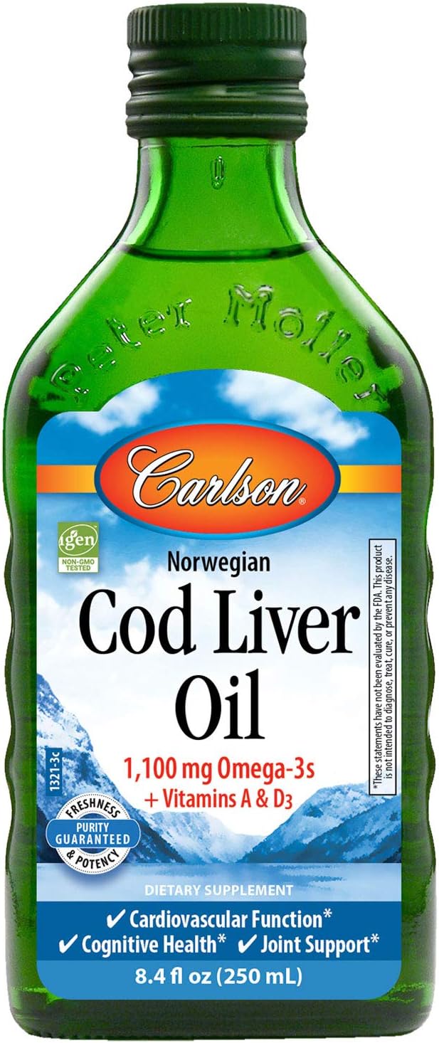 Carlson - Cod Liver Oil, 1100 mg Omega-3s, Plus Vitamins A and D3, Wild Caught Norwegian Arctic Cod Liver Oil, Sustainably Sourced Nordic Fish Oil Liquid, Unflavored, 250 mL (8.4 Fl Oz)