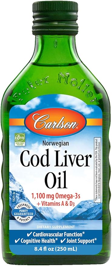 Carlson - Cod Liver Oil, 1100 mg Omega-3s, Plus Vitamins A and D3, Wild Caught Norwegian Arctic Cod Liver Oil, Sustainably Sourced Nordic Fish Oil Liquid, Unflavored, 250 mL (8.4 Fl Oz)