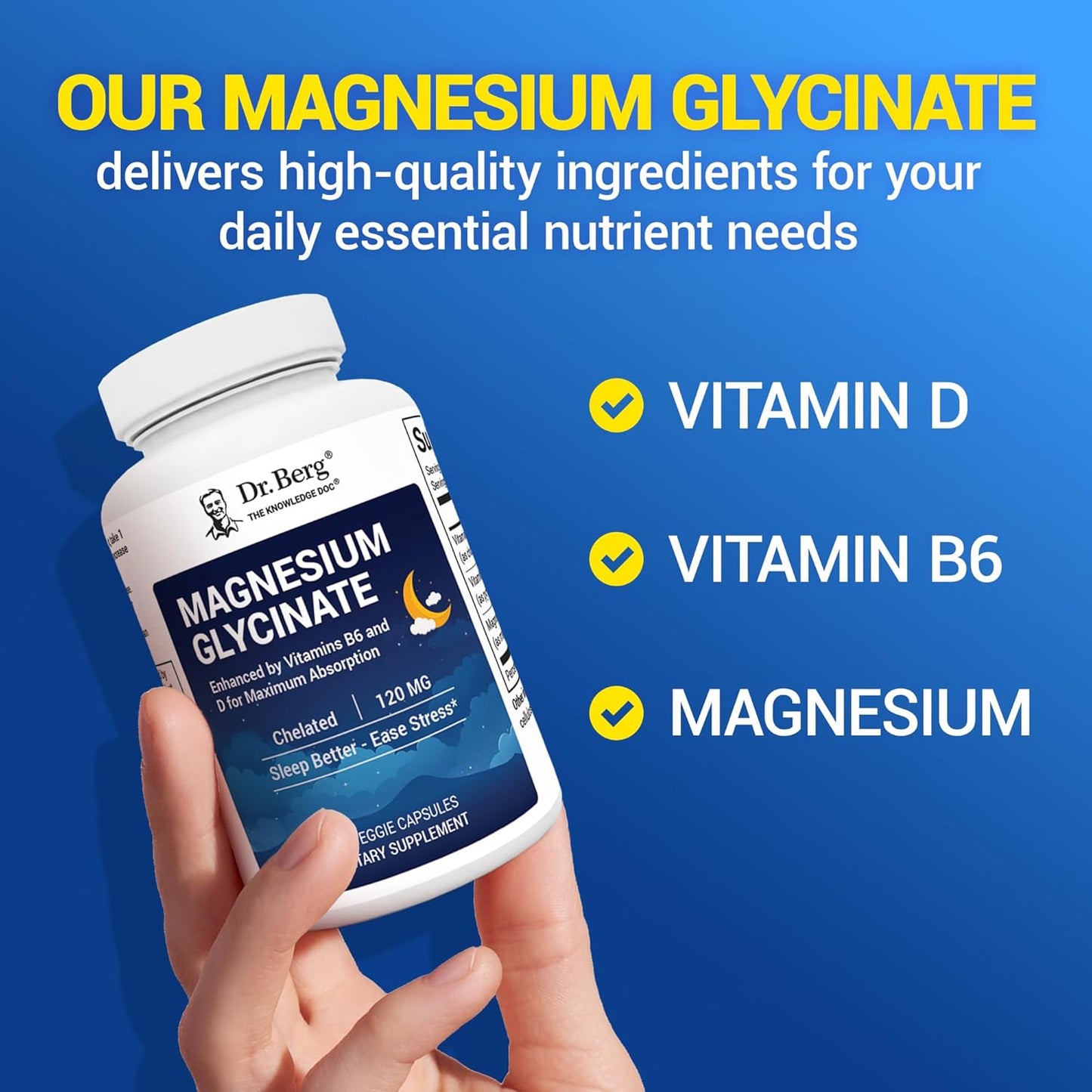 Dr. Berg Magnesium Glycinate 400 mg – Chelated Magnesium Supplement with Vitamin D and B6 for Stress Support, Relaxation, and Good Sleep – 150 Vegetable Capsules High Absorption for Overall Wellness