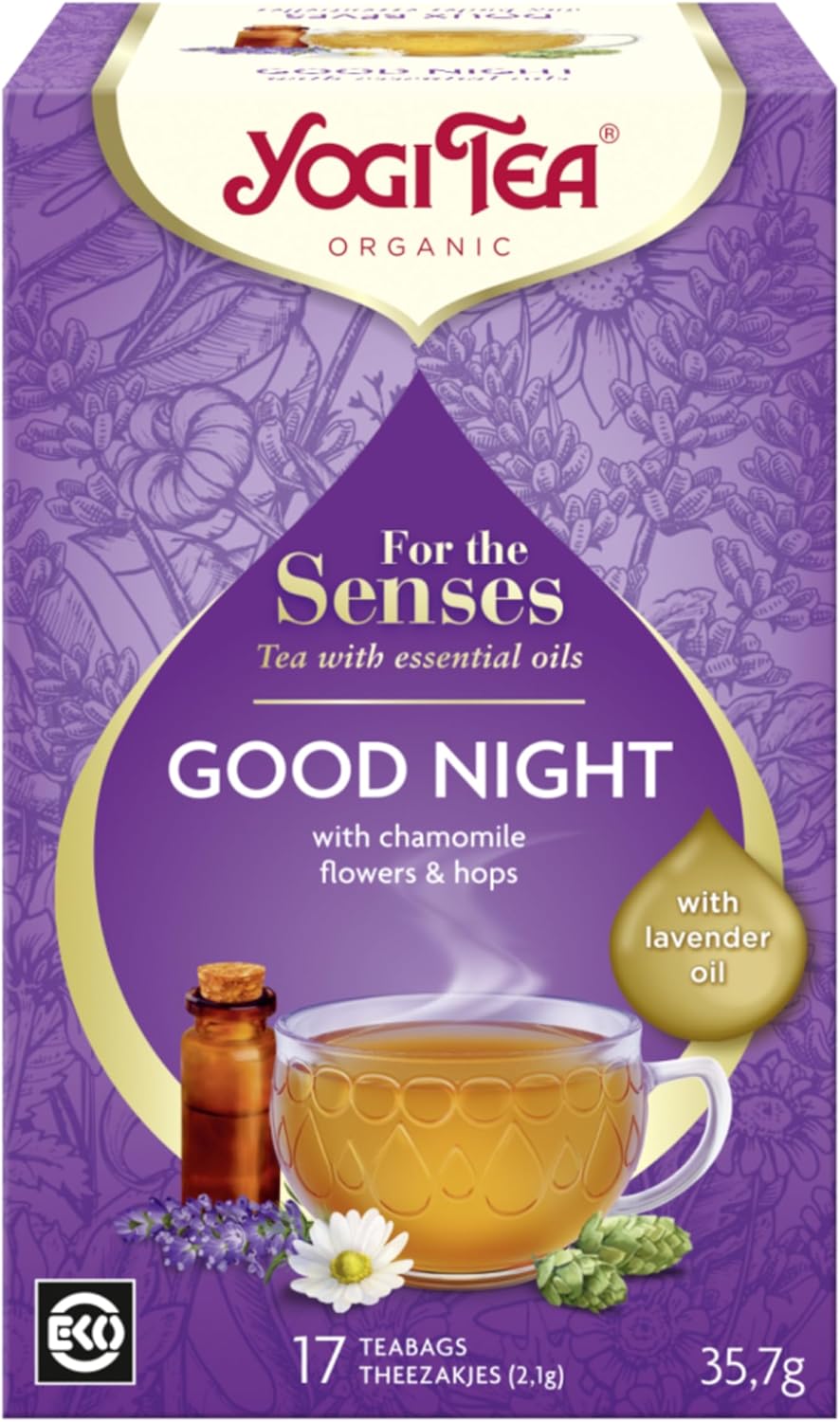 Yogi Tea, For The Senses, Good Night, Organic Herbal Tea with Essential Oils, Naturally Caffeine Free, Blend of Lavender, Chamomile and Hops.